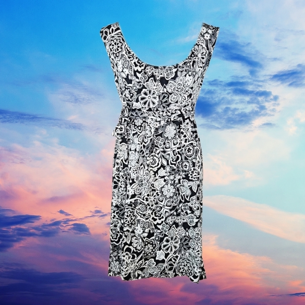 Black White Floral Dress Matching Belt Ann Taylor LOFT, M